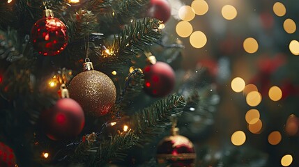 A beautifully decorated Christmas tree with red and gold ornaments, twinkling lights.
