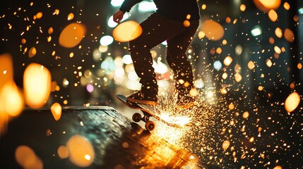 Skateboarder Grinding Rail with Sparks and Motion