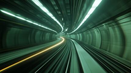 Obraz premium A wide-angle view of a high-speed train traveling through a tunnel, with the train lights illuminating the darkened interior.