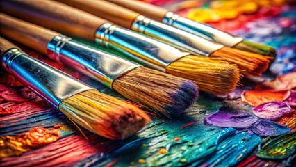 Fototapeta premium A vibrant collection of paintbrushes arranged on a colorful palette, showcasing artistic expression and creativity.