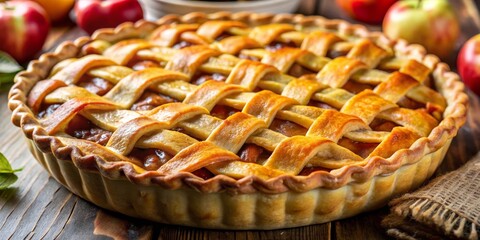 Golden Delight Close-up of Freshly Baked Apple Pie on Rustic Table - Mouthwatering Dessert for Homely Comfort and Festive Celebrations