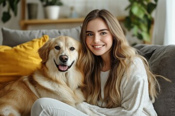 Woman sitting comfortably on sofa with golden retriever, smiling, living room setting, domestic life concept
