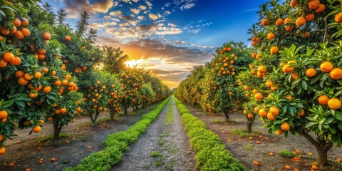 Golden Glow of an Orange Grove Vibrant Rows of Oranges at Sunset in Symmetrical Harmony - Serene Agricultural Beauty