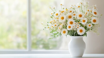 Bouquet of fresh white daisies, ceramic vase on table, bright window background, beautiful floral arrangement concept