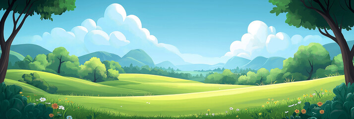 Obraz premium A cute cartoon vector illustration flat cartoon of green meadow landscape,park . Blue sky with white clouds ,Summer day. Green hills background.