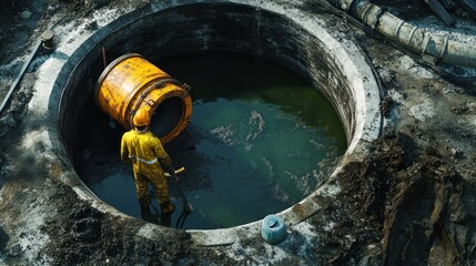 A male worker in a yellow safety suit inspects a sewage treatment pit on a construction site.