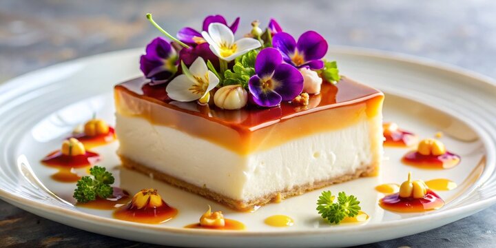 Gourmet Cheesecake Delight with Caramel Topping and Floral Accents on Rustic Plate - Elegant Dessert Photography for Culinary Concepts and Fine Dining Menus