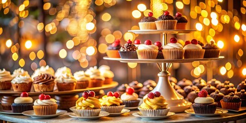 Gourmet Cupcakes on Two-Tiered Stand with Warm Bokeh Lights, cupcake, dessert