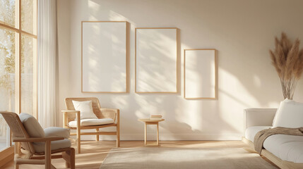 Blank poster on white wall, Modern vintage interior of living room