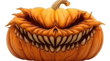 A scary pumpkin with sharp teeth and a menacing grin.
