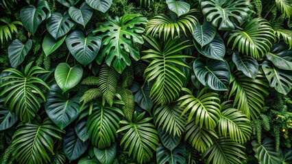 Lush green foliage featuring various tropical leaves, perfect for nature-inspired designs and botanical themes.