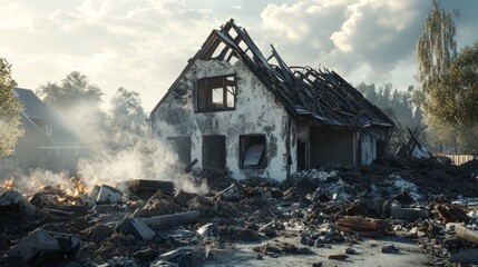 Devastated house after a fire, with charred remains and smoke in the air, creating a somber mood.