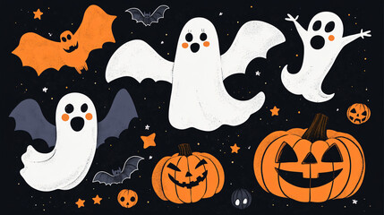 A Halloween sticker design featuring playful ghosts, pumpkins, and cute bats.