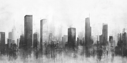 This artwork presents a stunning abstract representation of a bustling city skyline, showcasing contrasting shades of black, white, and grey that beautifully evoke modern architectural aesthetics