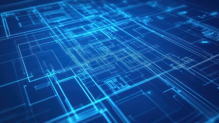 Abstract digital network design with glowing blue lines, creating an intricate technological pattern.