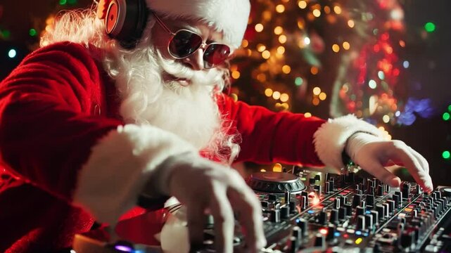 A DJ dressed as Santa Claus plays energetic music at a holiday party, surrounded by colorful lights and festive decorations