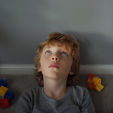 Portrait of a sad and lonely autistic boy in his room, surrounded by toys. He has no eye contact and looks away from the camera