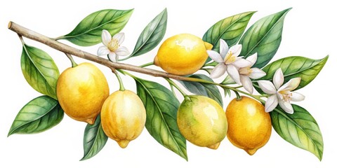 Luminous Lemon Branch Vibrant Watercolor Illustration of Citrus Delights in White Botanical Harmony - Fresh, Elegant Spring Aesthetic perfect for Home Decor, Branding, and Print
