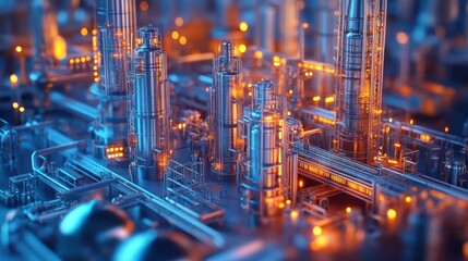 A stunning close-up of an industrial facility, showcasing metallic structures glowing in blue and orange hues.