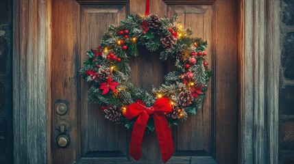 Naklejka premium A beautiful Christmas wreath made of pine and holly, with red ribbons and glowing fairy lights hanging on a wooden door.