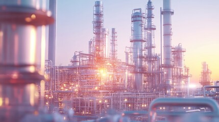 Fototapeta premium A vibrant industrial landscape featuring interconnected pipelines and towering structures at sunset, reflecting innovation and energy.