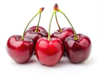 Five fresh red cherries with stems