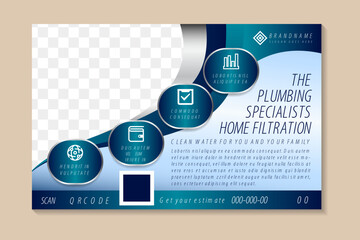 the plumbing specialists home firltration service social media post banner design template. blue and grey gradient colors combination with space for photo collage. infographic icon with text.