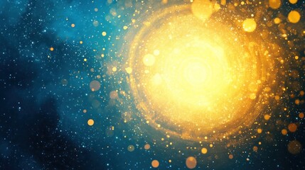 Obraz premium A vibrant cosmic swirl of golden light amidst a deep blue starry background, evoking a sense of wonder and the vastness of space.