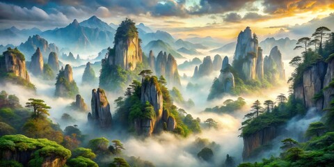 Majestic Mountain Panorama Towering Rock Formations in Ethereal Fog, Sunrise Glow, Tranquil Wilderness Nature Landscape Wall Art and Travel Concept