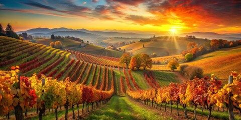 Naklejka premium Majestic Sunset Over Vibrant Vineyard Rows Romantic Autumn Splendor in Rural Wine Country