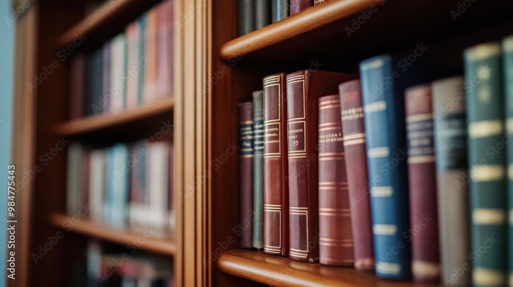 Poster a close-up of a bookshelf filled with bound volumes