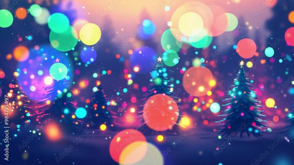 Poster bright colorful lights twinkle on evergreen trees, creating a magical winter atmosphere during the e