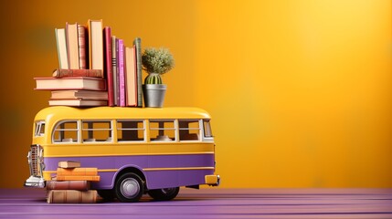 Funny School bus with books and accessory on purple background with copy space.
