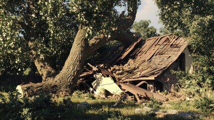 An old, collapsed house partially covered by foliage, showcasing nature reclaiming the structure.