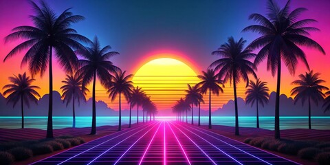 Naklejka premium Neon Sunset Dreamscape Retro 80s Tropical Fantasy with Glowing Road, Palm Trees, and Vibrant Sky - Futuristic Nostalgia