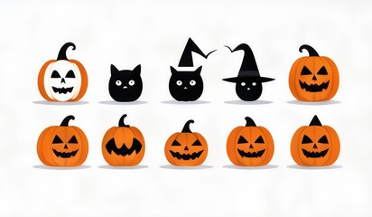 set of simple halloween icon, flat icons featuring classic Halloween symbols like a pumpkin, ghost, bat, witch hat, black cat, and spider.