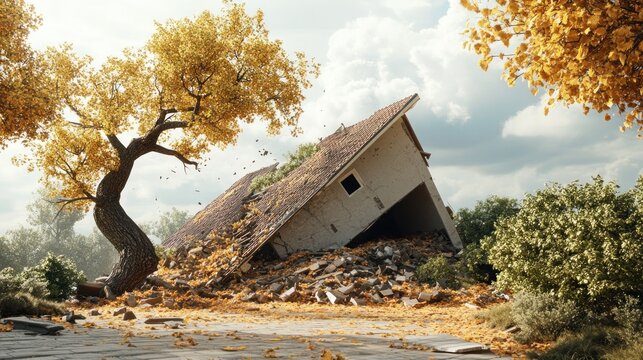 A tilted house amidst scattered leaves and a partially collapsed structure, evoking a sense of abandonment and decay.