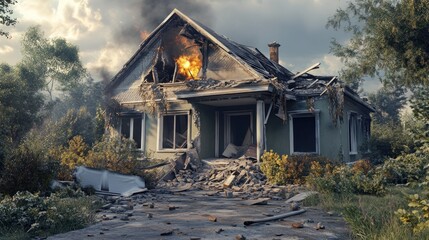 A devastated house with flames and smoke, surrounded by overgrown vegetation.