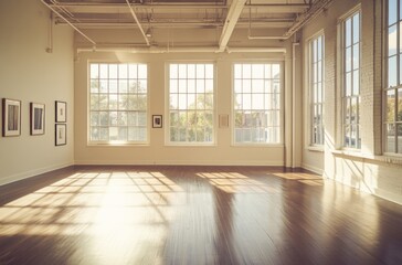 Obraz premium Sunlit Room with Large Windows and Wooden Floor