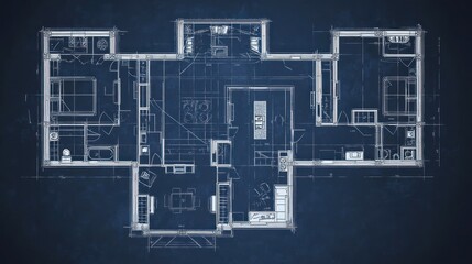 Obraz premium Architectural blueprint of a modern home layout with detailed room designs.