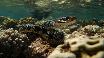 Fototapeta premium A black and brown sea snake swims through the coral reef.