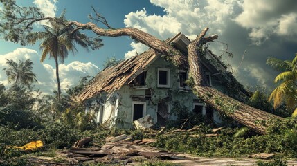 An abandoned house with a fallen tree and overgrown vegetation, capturing the aftermath of nature's fury.