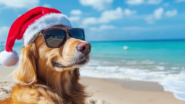 A golden retriever sits on the beach with sunglasses and a Santa hat, soaking up the sun by the ocean's waves on a festive day