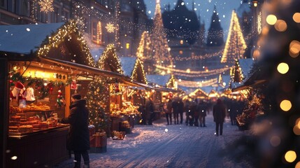 A bustling Christmas market with glowing lights, festive stalls, and shoppers enjoying hot cocoa and holiday treats.