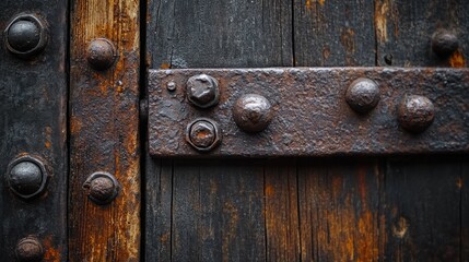 Fototapeta premium Rusty Metal Hinge on Old Wooden Door