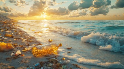 Plastic bottles and trash washed up on a pristine beach, symbolizing the human impact on natural environments., photorealistic