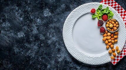 Healthy Lifestyle Choices: A white plate with heart-healthy foods—berries, nuts, and leafy greens. The path to prevention lies in daily decisions. Copy space for dietary tips. 