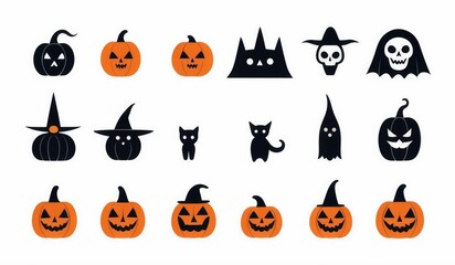 halloween icon, flat icons featuring classic Halloween symbols like a pumpkin, ghost, bat, witch hat, black cat, and spider.