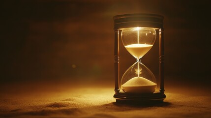 An artistic shot of a sand timer with reflective glass and fine sand, placed on a surface with soft lighting to highlight its intricate details