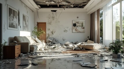 A devastated living room showcasing chaos and disarray, with debris scattered across the floor.